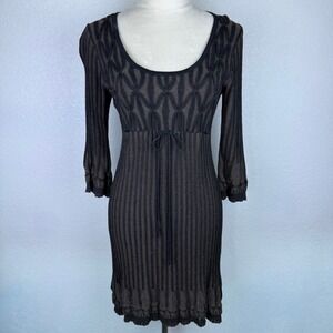 VTG 90's Studio M Petite Boho Babydoll Brown Ribbed Knit Sweater Dress Crochet